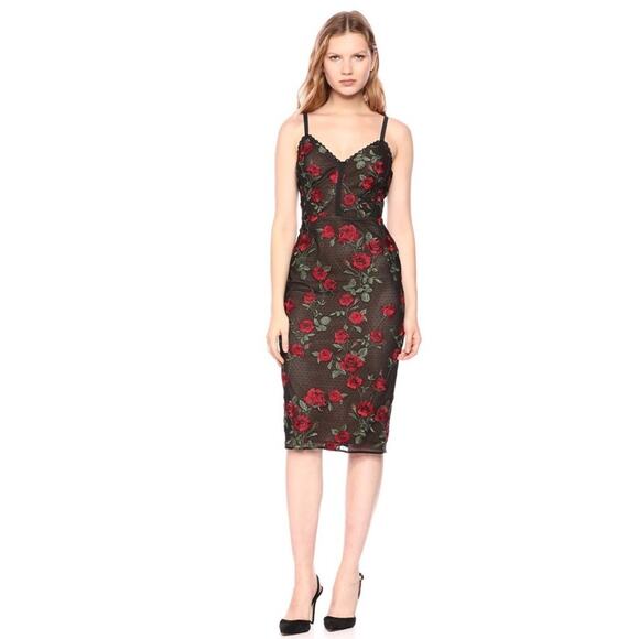 BCBG Maxazria Women's Size 6 Embroidered Rose Black Midi Dress - Picture 1 of 11